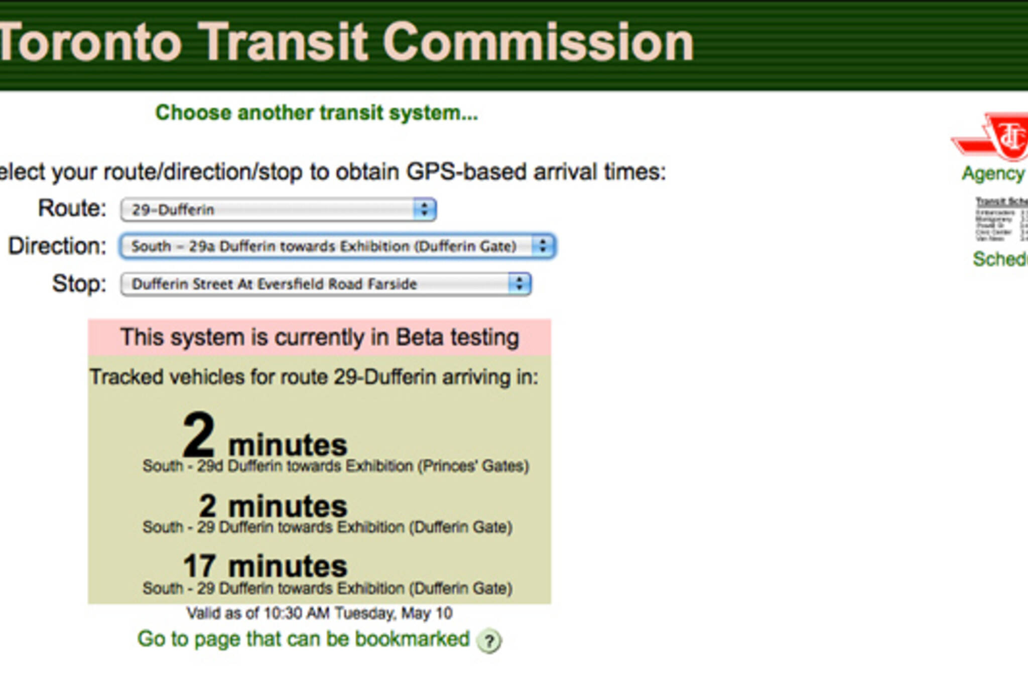 TTC Buses Next Vehicle Arrival Times