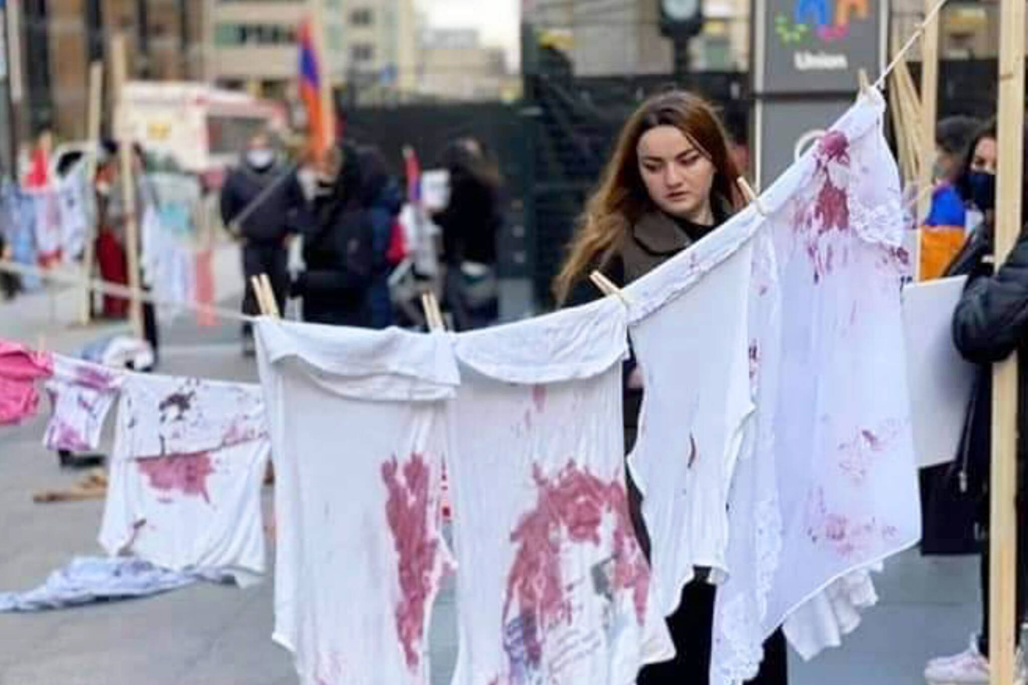 Blood soaked laundry scattered outside Union Station in Toronto
