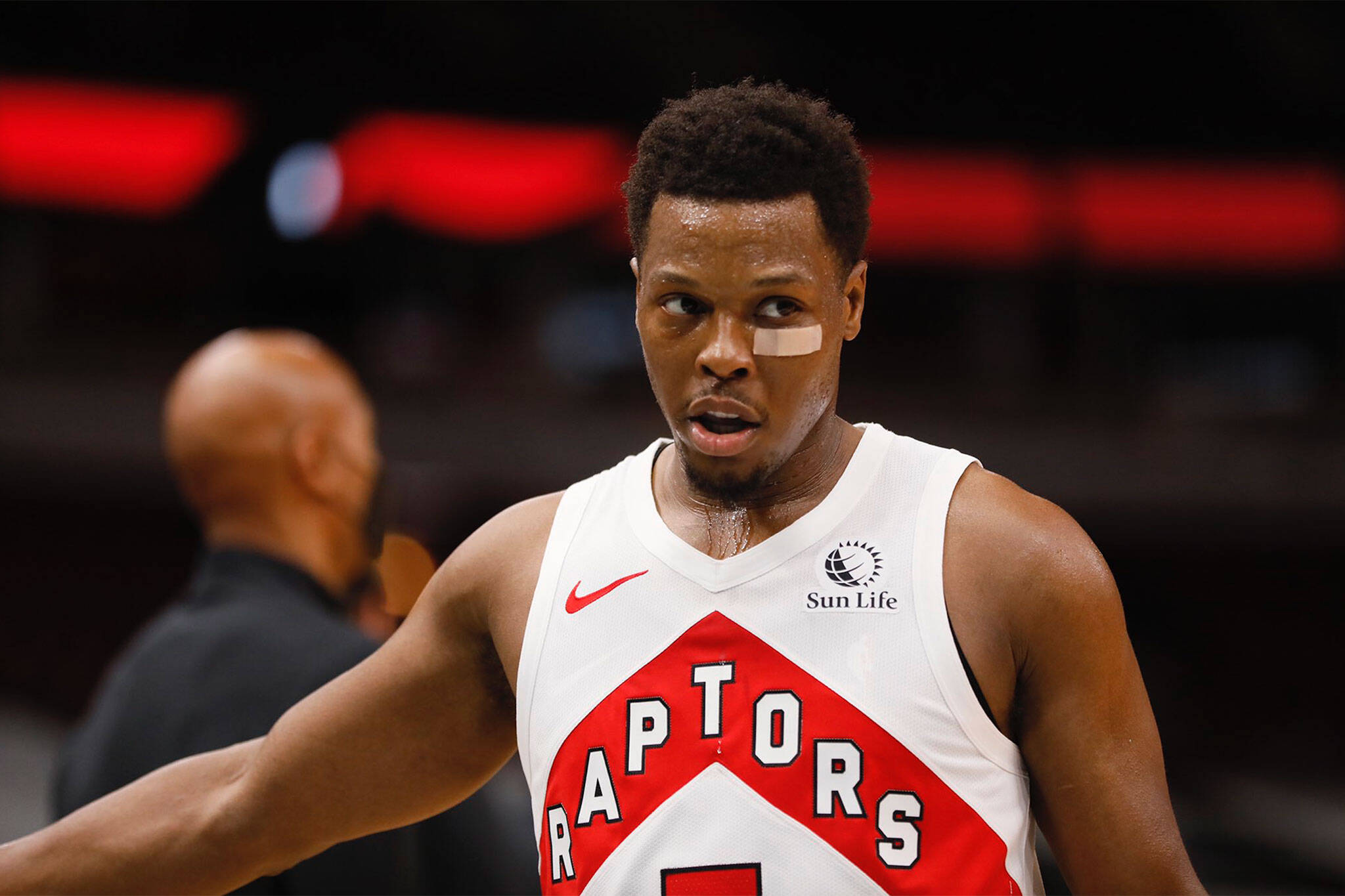 Toronto Raptors players react after a crazy deadline day for Kyle Lowry