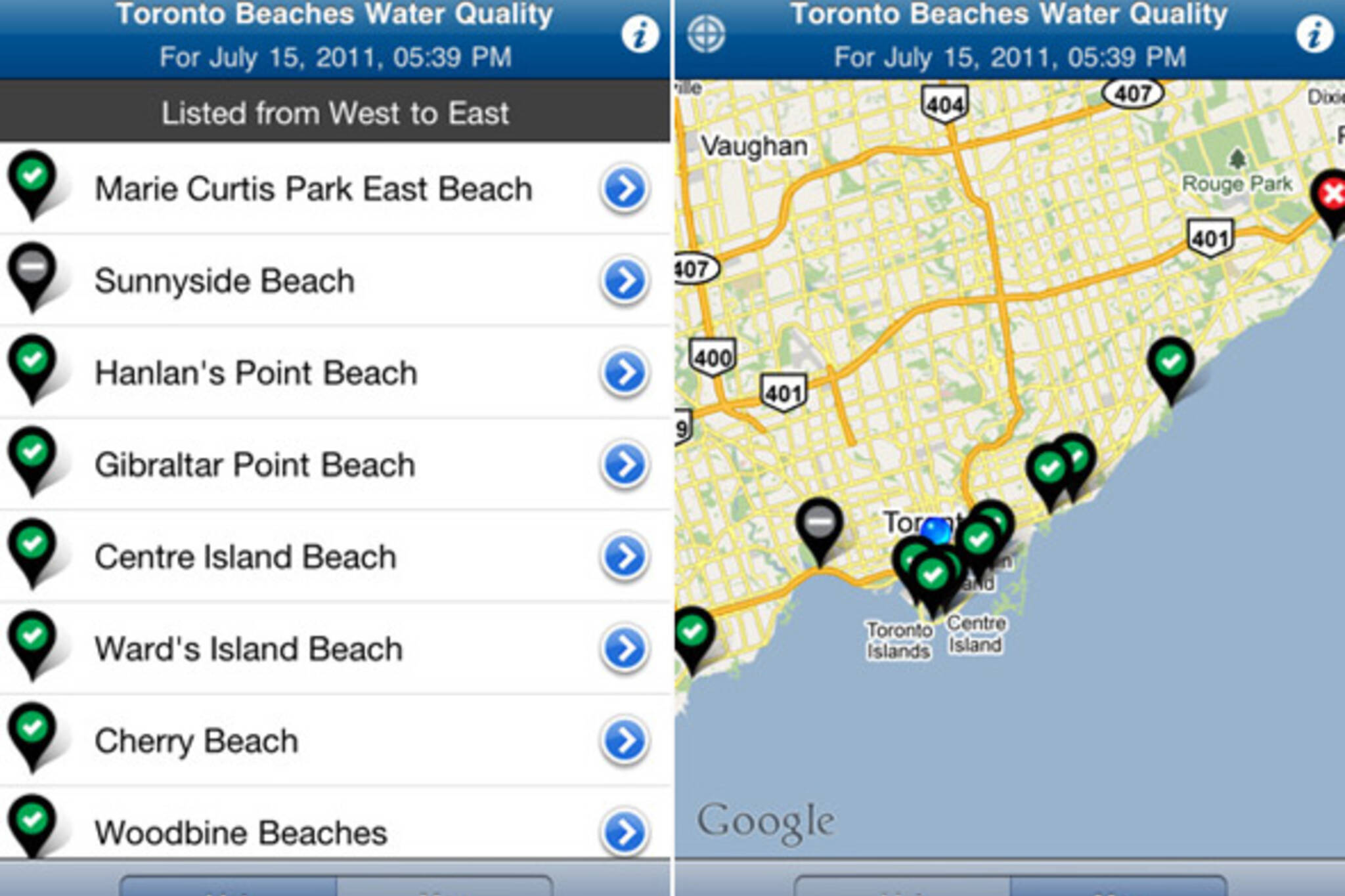 Toronto beaches water quality app