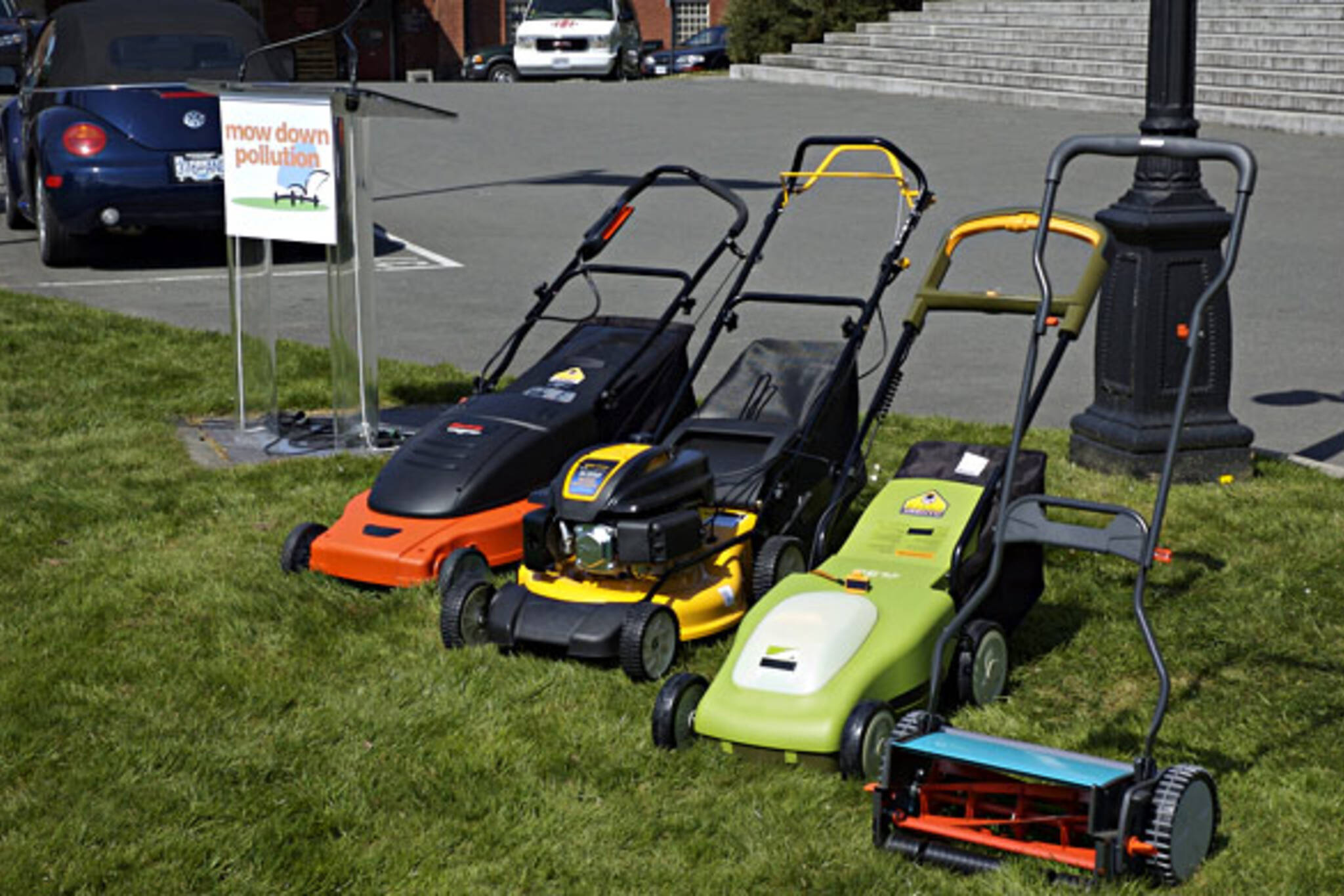 Eco-friendly lawn mowers at Mow Down Pollution event launch