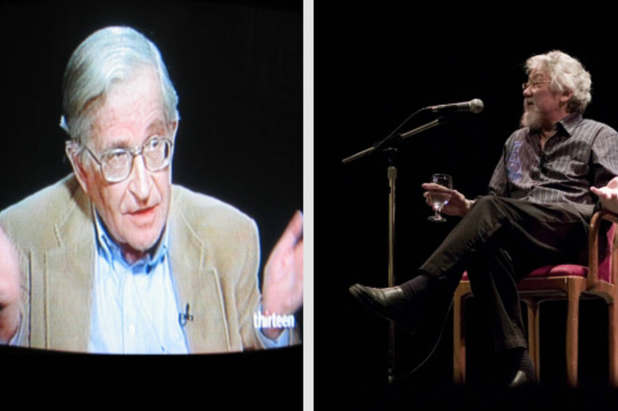 TV Screen Noam Chomsky shrugs with David Suzuki