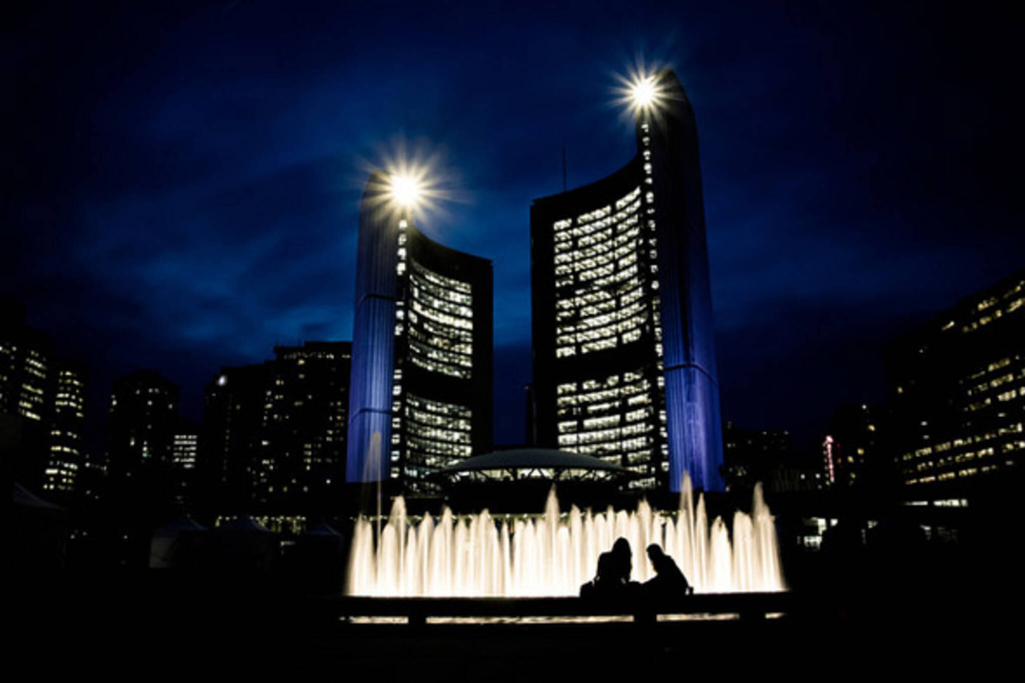 fountain, city hall, night