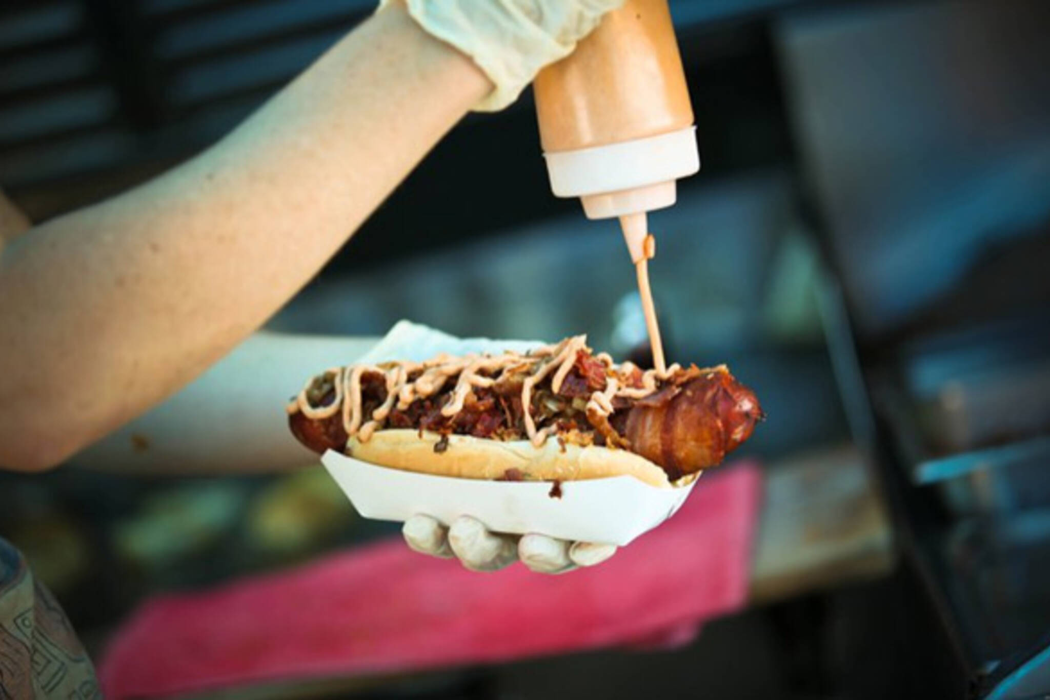 Deep fried bacon hotdog