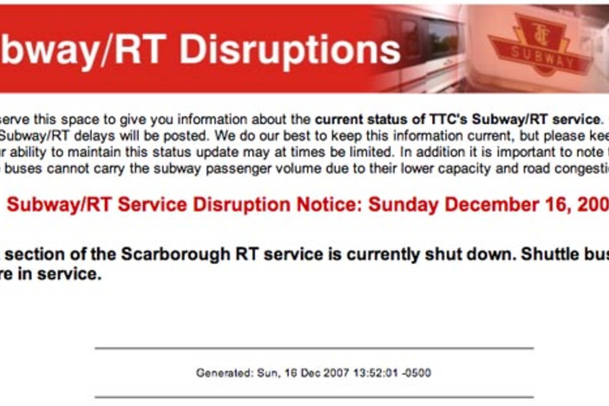 The TTC is not working, but the status page is