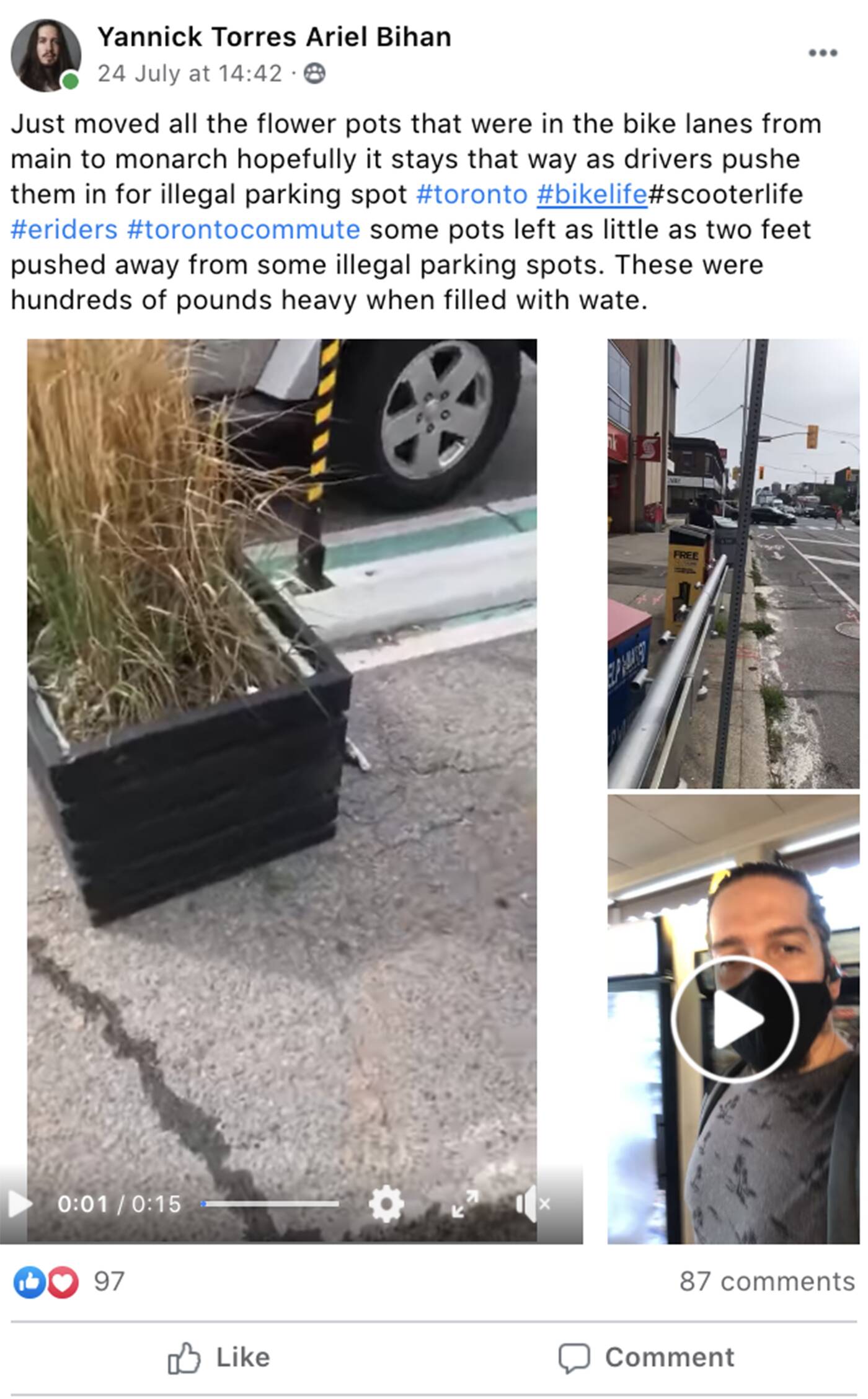Cyclists in Toronto annoyed with people dangerously moving planters into bike lanes - blogTO