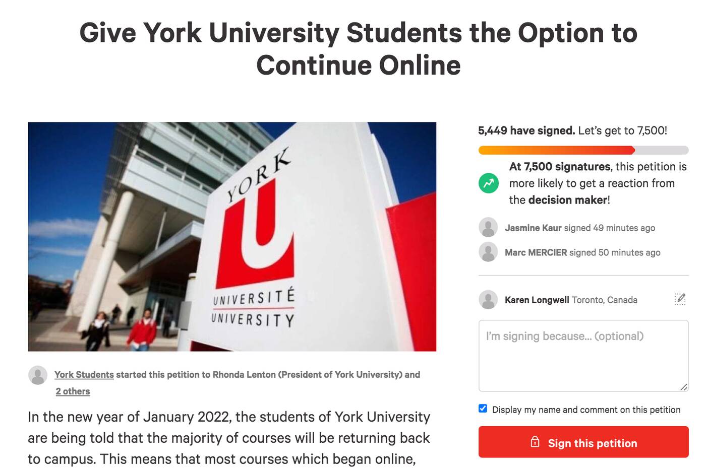 york university petition
