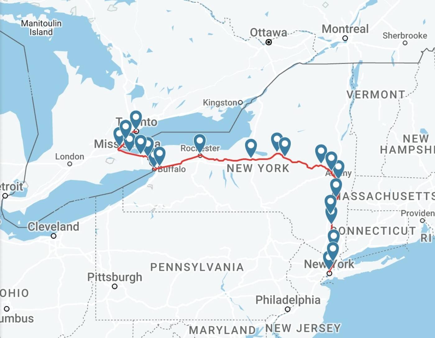 Amtrak train route from Toronto to New York City