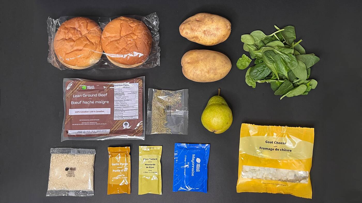 Ingredients for the goat cheese and pear beef burger