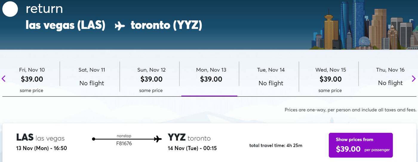 Flair Airlines Vegas to Toronto