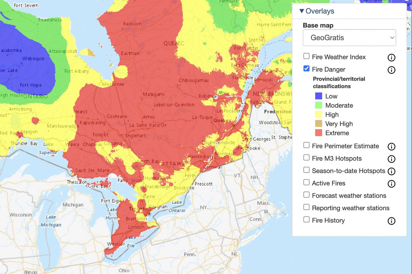The risk of forest fires in Toronto is currently considered extreme