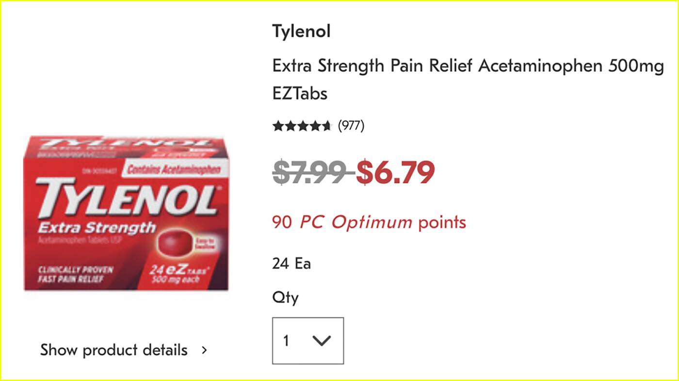 tylenol lowest price canada
